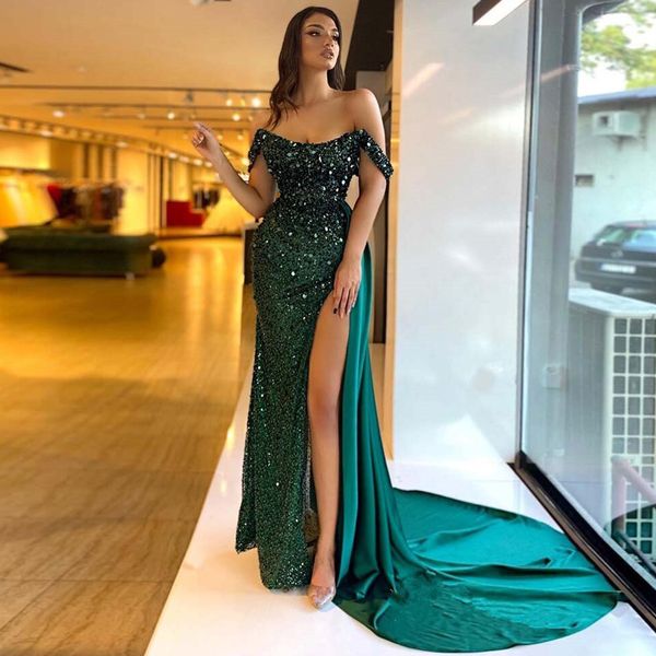 Glitter Dark Verde Frisado Bainha Formal Vestidos de Noite Longo Luxo 2022 Mulheres Fitted Off Off Side Slit Prom Pageant Dress for Women Festa Vestidos Robes de Soirée