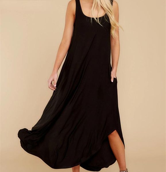 

casual dresses fashion solid color loose o-neck spaghetti strap irregular slit dress women's summer, Black;gray