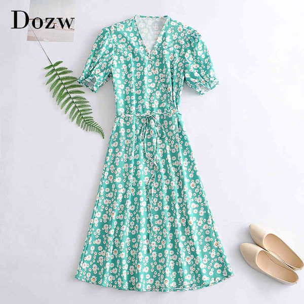 

v neck floral print dress butterfly short sleeve casual midi dresses bandage wrap knee length beach dress women vestidos 210414, Black;gray