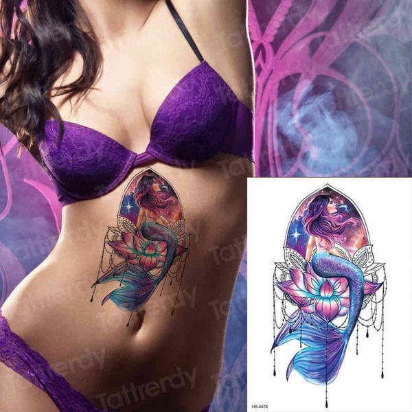 Temporäre Meerjungfrau-Tattoo, bunt, große Tattoos, Bauch/Taille, Aufkleber, wasserdicht, Fake-Tattoo, sexy Bikini-Aufkleber, Wassertransfer-Set