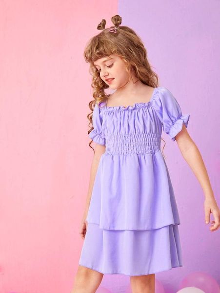 

girls puff sleeve frilled shirred waist layer hem dress she, Red;yellow