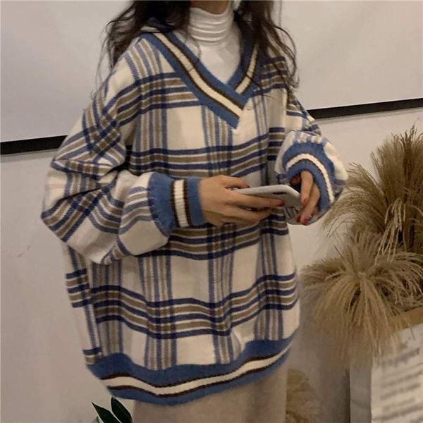 

women's sweaters winter warm pullovers men streetwear retro pattern hip hop autumn oversized o-neck plaid couple casual, White;black