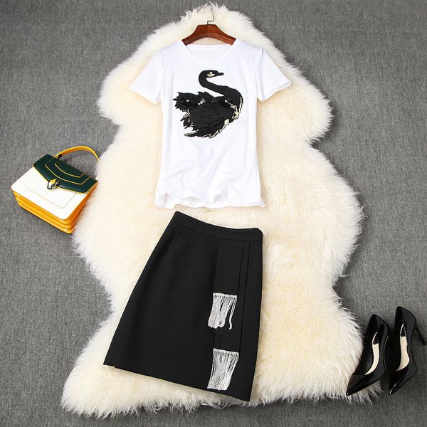 

two piece dress spring summer short sleeve round neck white swan panelled t-shirt + mini black skirt 2 s set lm26t10840 44hd