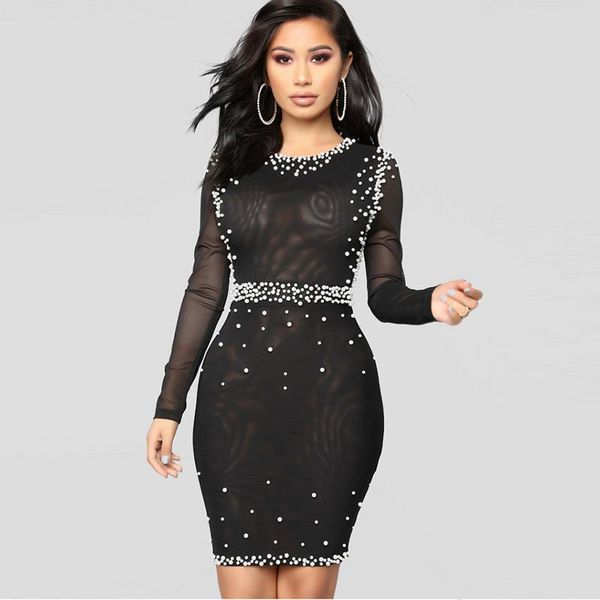 

casual dresses style fashion black dress women long sleeve see through celebrity evening party luxury beading vestidos wholesale, Black;gray