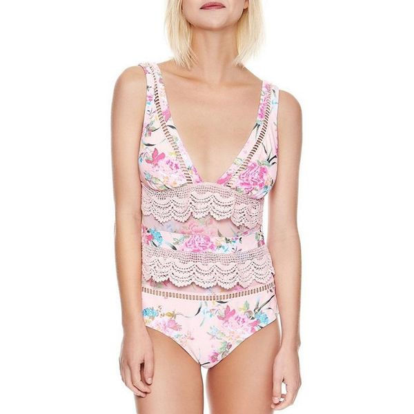 

one-piece suits pink rufflle one piece swimsuit women swimwear hollow out swimming suit cute summer beach bathing