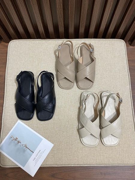 

sandals cross-shoes 2021 summer open toe low woman leather all-match soft strappy heels peep low-heeled flat comfort, Black
