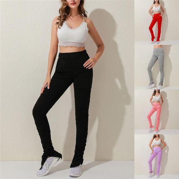

women's leggings women solid color fashion pleated decor casual sports bodycon with pockets for female plus size xs-xxl, Black