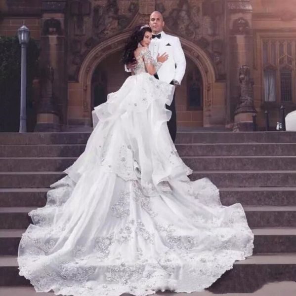 

2022 mermaid high neck sheer major beading wedding dress bling long sleeve detachable skirt train corset bridal gowns, White
