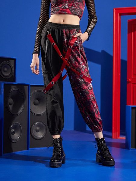 

x sabotage 2c5f marble print tape & chain detail pants j1ll#, Black;white