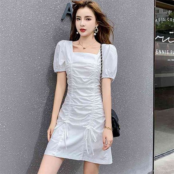 

summer fashion women's square neck short sleeve ruched drawstring slim bodycon lady party mini dress vestidos 210519, Black;gray