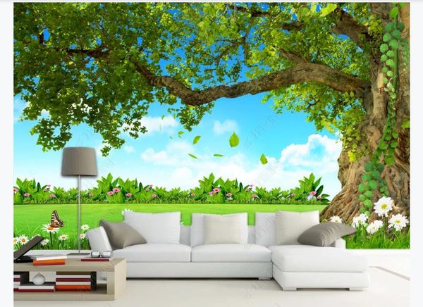 Benutzerdefinierte 3D Wallpaper blau himmel grün großen baum schöne landschaft wandbild wohnzimmer sofelle fernseher hintergrund wand dekoration malerei