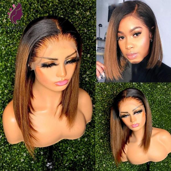 

lace wigs ombre brown human hair wig straight short bob 13x4 front pre plucked 4x4 closure 150% remy, Black;brown