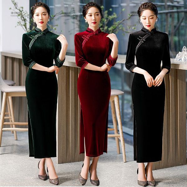 

ethnic clothing vintage velour oriental chinese dresses tight split women qipao elegant mandarin collar half sleeve cheongsams party go, Red