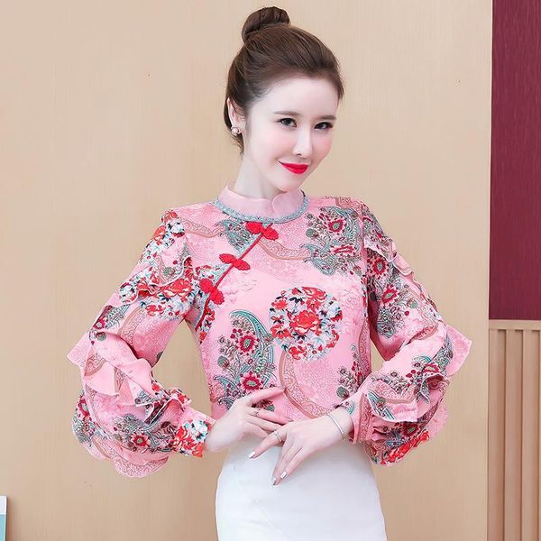 

autumn retro chinese style womens shirts design dragon print chiffon cheongsam buckle ruffled long sleeved floral blouse, White