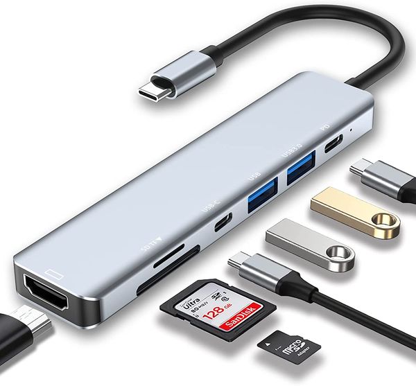 Адаптер USB C Hub 7 в 1 с 4K HDMI, 2 портами Type-C, устройством чтения карт SD/TF, совместим с ноутбуком MacBook Pro Air, поддерживает быструю зарядку 100 Вт