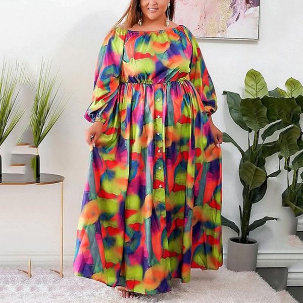 

casual dresses 4xl 5xl plus size maxi long printed off the shoulder full sleeve high waisted floor length elegant evening night dress, Black;gray
