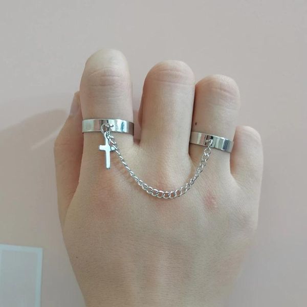 

cluster rings 2021 retro punk hip hop cross ring finger chain adjustable two link jewelry gift men's women's gothic, Golden;silver