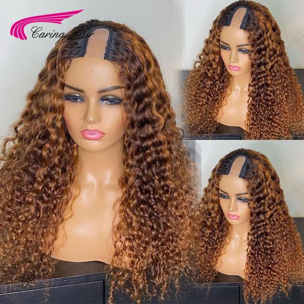 

lace wigs u part wig ombre blond color curly 2*4 open middle part/left part/right human hair for black women carina, Black;brown