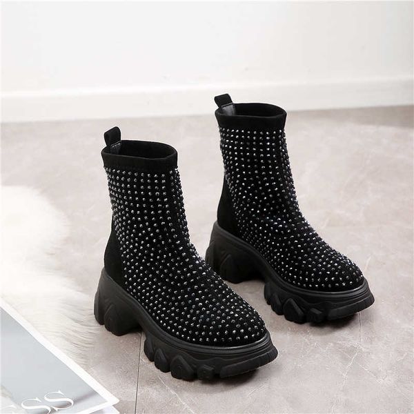 

rasmeup women's spring boots rhinestone women platform boot 2020 fashion stretch warm thick sole ladies chunky shoes big size y0910, Black