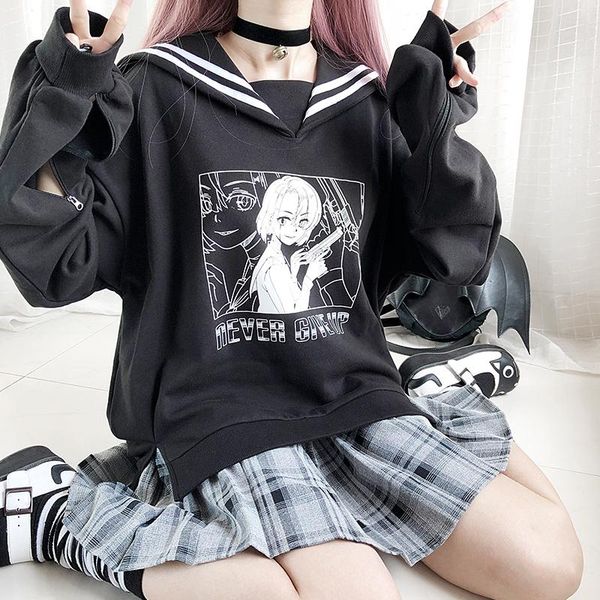 

women's hoodies & sweatshirts autumn winter irregular black women japanese navy collar zipper splicing pullover shooting girl print st