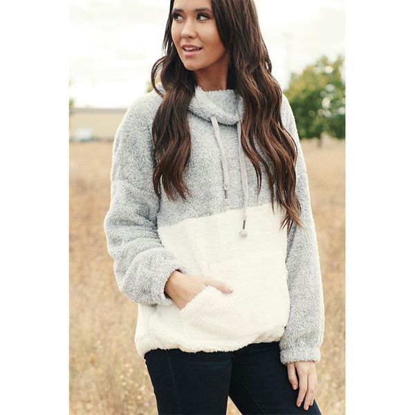 

winter hoodies women sweatshirt fleece pullover patchwork drawstring female pocket clothing casual women's & sweatshirts, Black