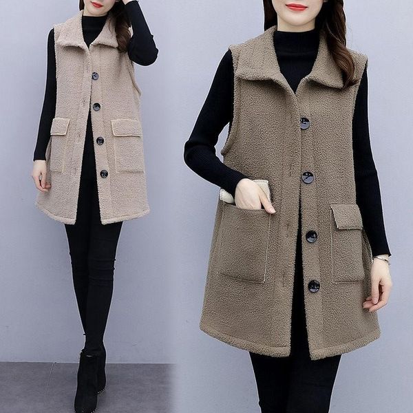 

women's vests large size lamb wool vest jacket 2021 autumn winter temperament loose casual slim coat single breasted waistcoat m389, Black;white