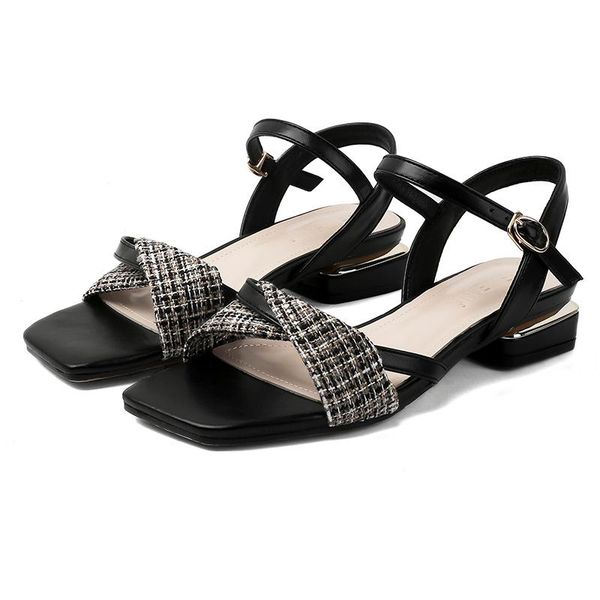 

summer women's sandals splicing bow low-heel buckles ribbons sequins fabric square toe cap for women, Black