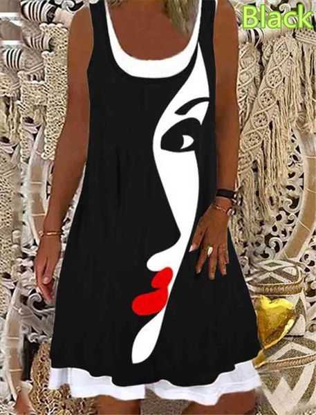 

summer fashion face fake two womens dress piece printed casual plus size soft and comfortable thin sleeveless, Black;gray