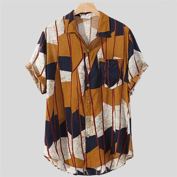 

men's t-shirts hawaiian print shirt men contrast color geometric button short sleeve loose streetwear oversize camisa masculina o6, White;black