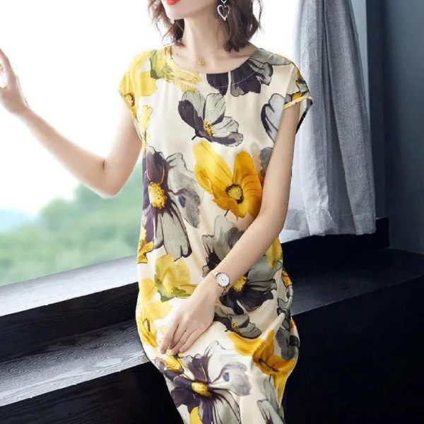 

new short sleeve floral dress women's 2021 summer loose large medium length vestido, White