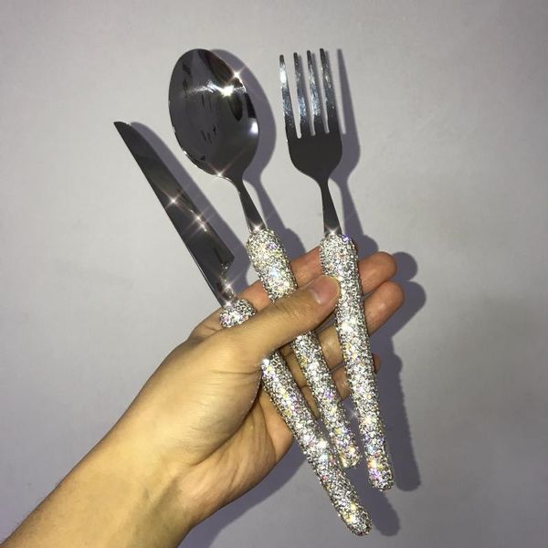 

dinnerware sets 3 piece set cutlery rhinestones knife fork and spoon 304 stainless steel eco friendly travel flatware bling