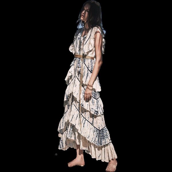 

summer fashion tide high waist floor-length ruffles sleeveless loose temperament elegant printing dress gx199 210421, Black;gray