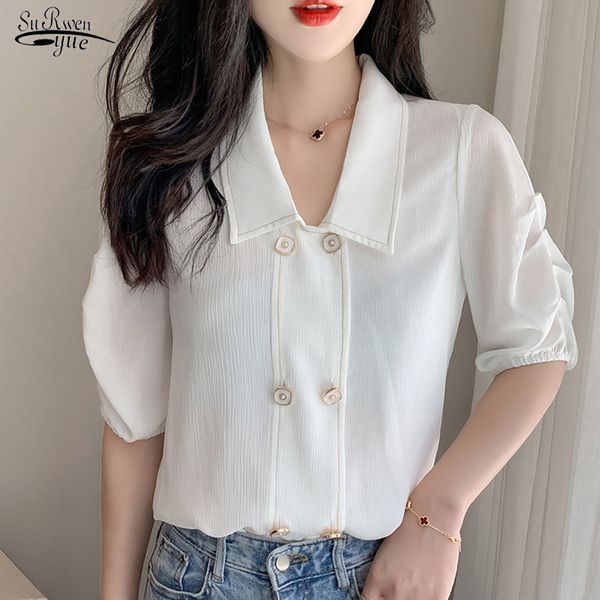 Verão Sólida Cor Buffed Sleeves Manga Curta Chiffon Blusa Tops Branco Simples Elegante Ol Chemisier Femme 10290 210521