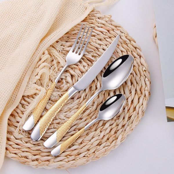 

dinnerware sets stainless steel western tableware gold handle steak knife fork dessert spoon teaspoon cutlery kitchen el supplies