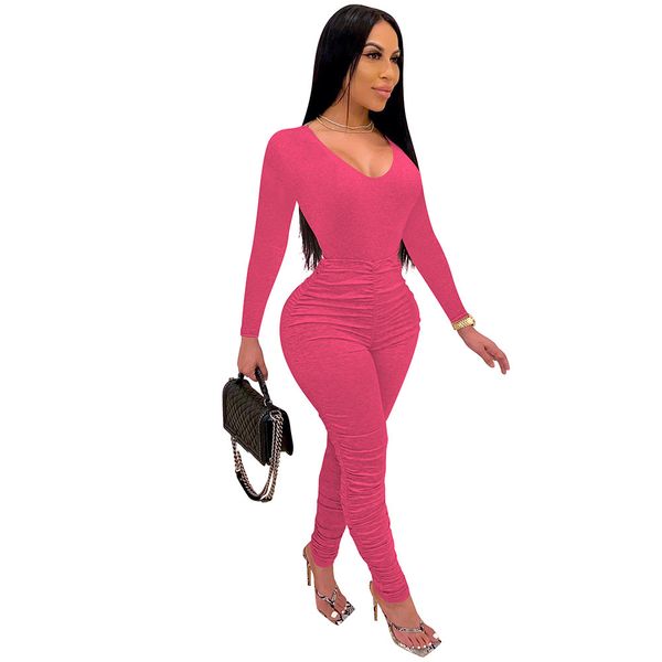 

fall women stacked jumpsuit casual o neck long sleeve black bodysuit female fashion ruched bodycon jumpsuit ropa de mujer 210414, Black;white