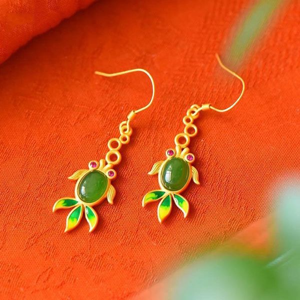 

dangle & chandelier designer original natural hetian jade enamel porcelain goldfish earrings retro ethnic style ladies silver jewelry