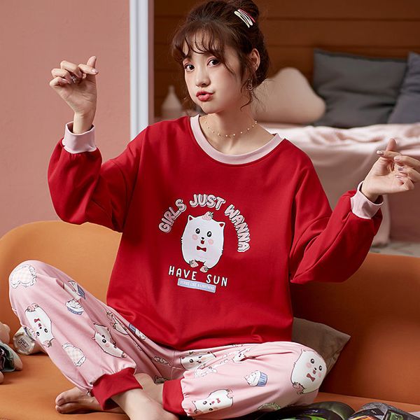 

pajama sets women printed large size 5xl loose autumn new cotton pajama set girls breathable korean-style flesh sweet trendy ins, Black;red