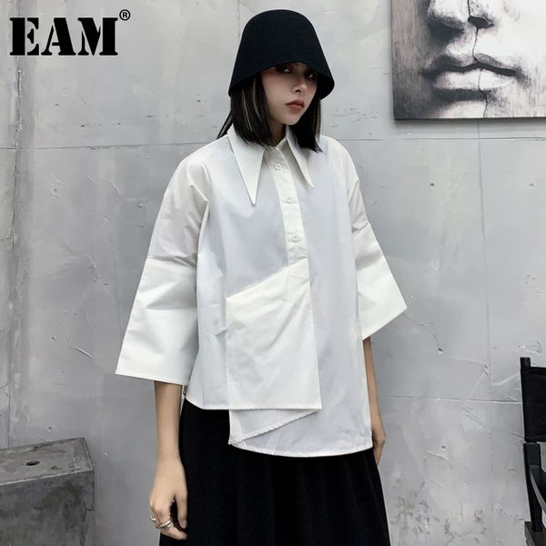 

[eam] women white irregular big size blouse lapel three-quarter sleeve loose fit shirt fashion spring autumn 1dd7731 21512