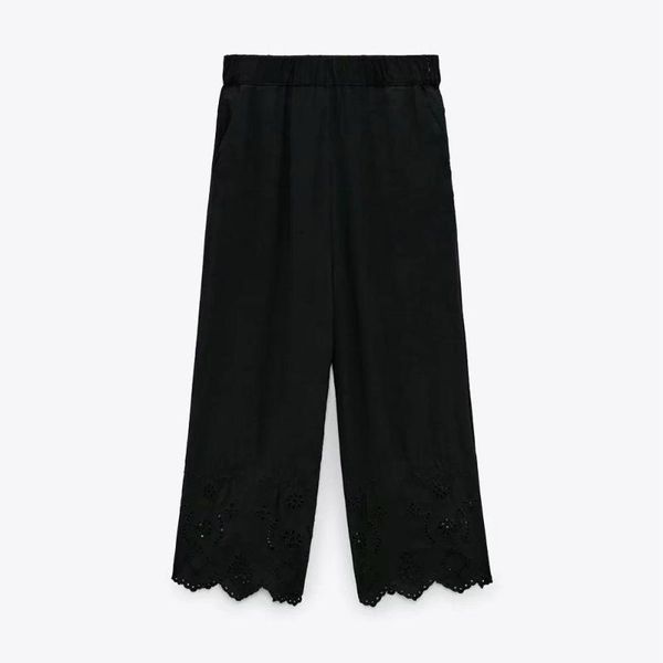 

women's pants & capris za women 2021 chic fashion hollow embroidery wide-leg vintage high waist side pockets female trousers mujer, Black;white
