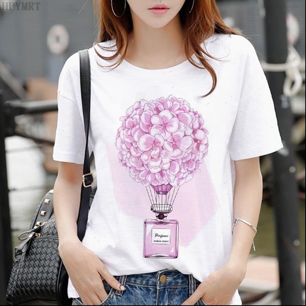 

summer short sleeve floral flower women fashion perfume graphics o neck, White
