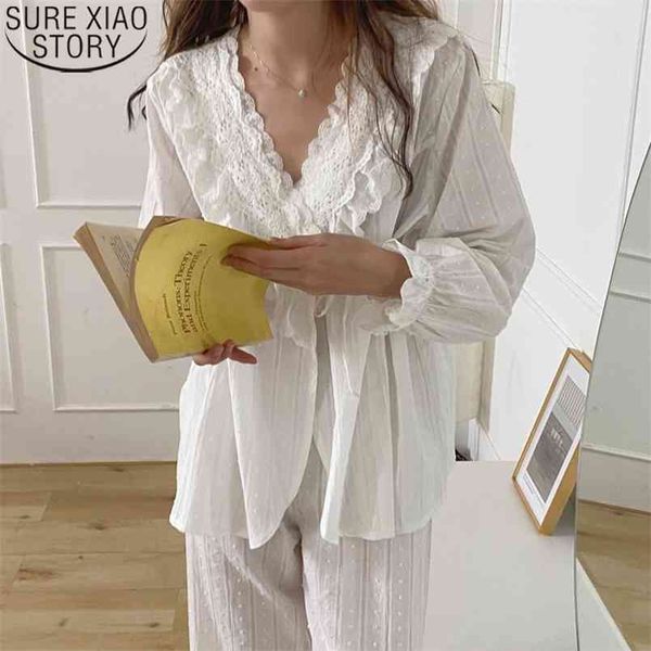

spring elegant korean pajamas women white pajama pure cotton sweet v-neck palace style lace sets home clothes 13817 210421