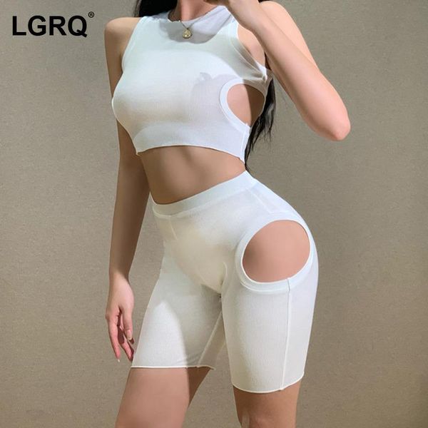 

[lgrq] wide leg black hollow out skinny shorts two piece suit round neck sleeveless women tide spring summer 2021 19d1062 women's track, Gray