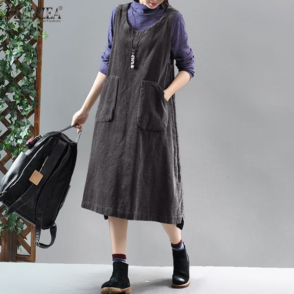 

women's blouses & shirts 2021 casual sleeveless tank dress autumn sundress retro vintage corduroy female o neck robe plus size b82, White