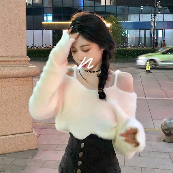 

off shoulder korean style womens sweaters slash neck clothing crop pullovers long sleeve autumn winter female fashion brand, White;black