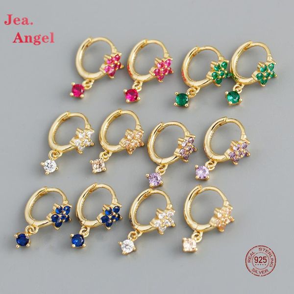 

hoop & huggie jea.angel real 925 sterling silver plum blossom ear buckle earrings for women colored zircon flower fine wedding jewelry gifts, Golden;silver