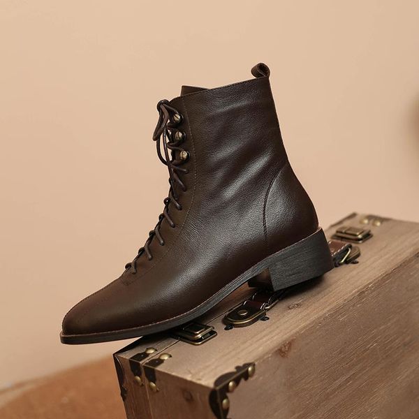 

boots 2021 women shoes lace-up winter ankle for genuine leather womens chunky black