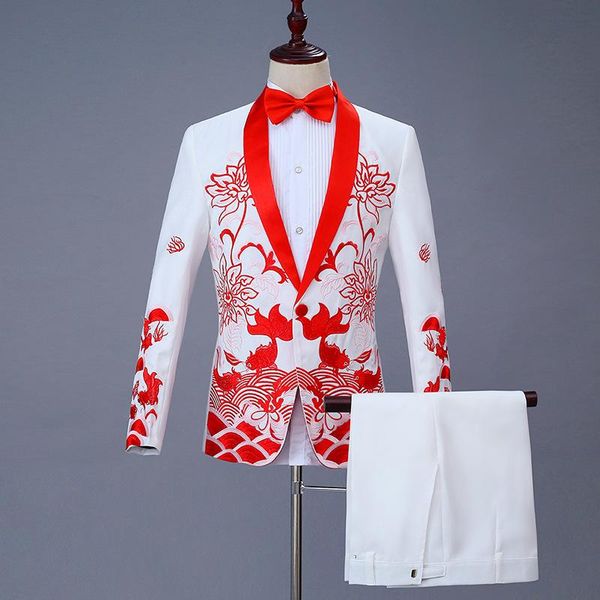 

men's suits & blazers chinese style groom suit costumes single breasted two piece set coat pant blue red black white men, White;black