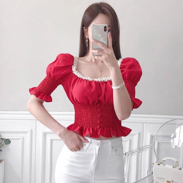 

office lady short blouses simple red vintage women elegant chiffon blusas high waist puff sleeve casual shirts ta3151 women's &, White