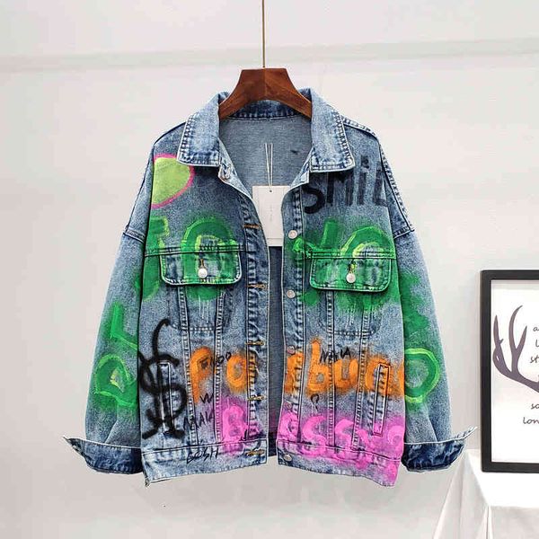 

women's jackets graffiti jeans women autumn letter oversize print denim turn-down collar outerwear chaqueta mujer g360 fpt0, Black;brown