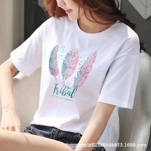 

women's t-shirt short sleeve 2021 summer korean loose feather print student round neck white enws
